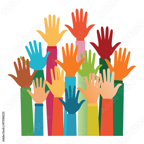 A diverse group of hands in various colors and sizes is raised high representing unity support and active participation in a community event outdoors