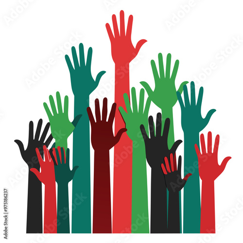 A diverse group of hands is raised in solidarity showcasing a colorful representation of community support empowerment and togetherness during an event
