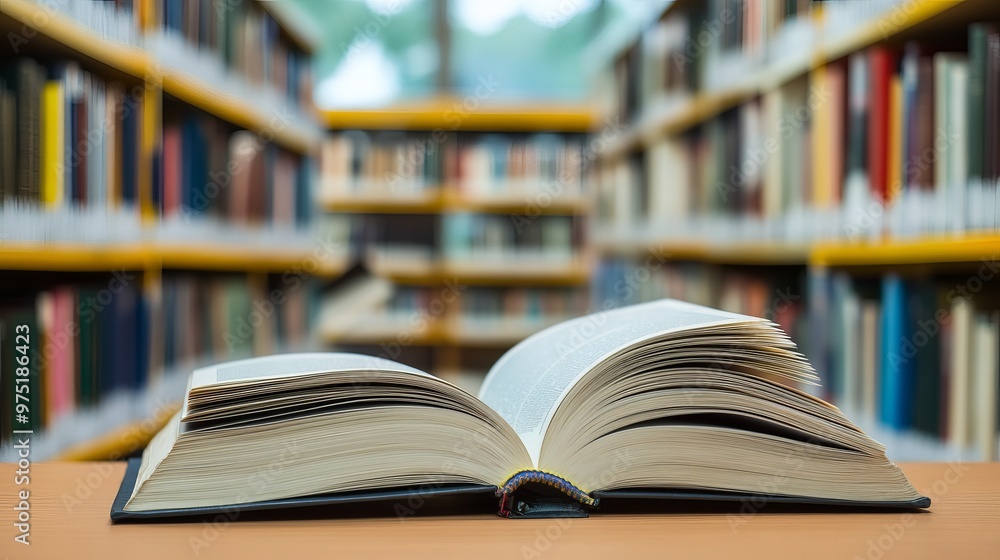 The background of a bright public library room features blurry bookshelves, a stack of books, and an open book on the desk. The background of a bright public library room features blurry bookshelves, a stack of books, and an open book on the desk.