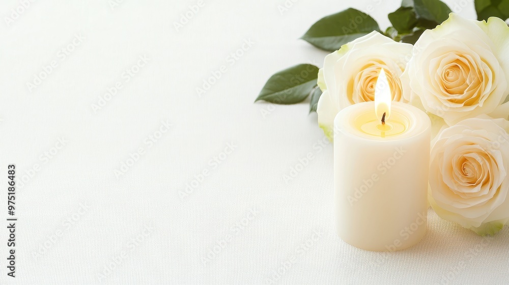 White Roses and Burning Candle on White Textured Background White Roses and Burning Candle on White Textured Background