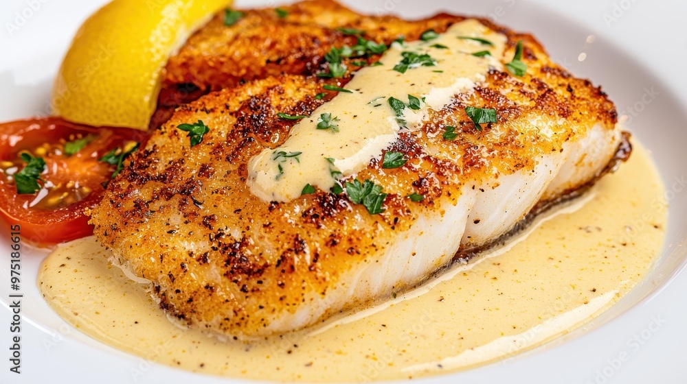 Grilled Fish with Lemon and Creamy Sauce on White Plate Grilled Fish with Lemon and Creamy Sauce on White Plate