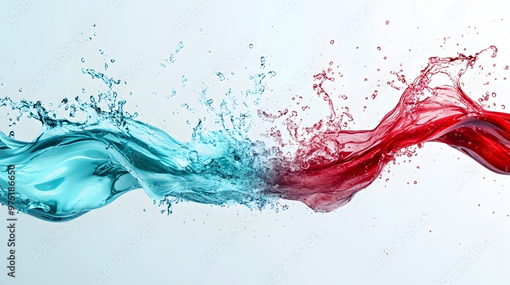 84. **An artistic 3D depiction of a water splash in red and turquoise hues, with dynamic arcs, isolated on a transparent background 84. **An artistic 3D depiction of a water splash in red and turquoise hues, with dynamic arcs, isolated on a transparent background