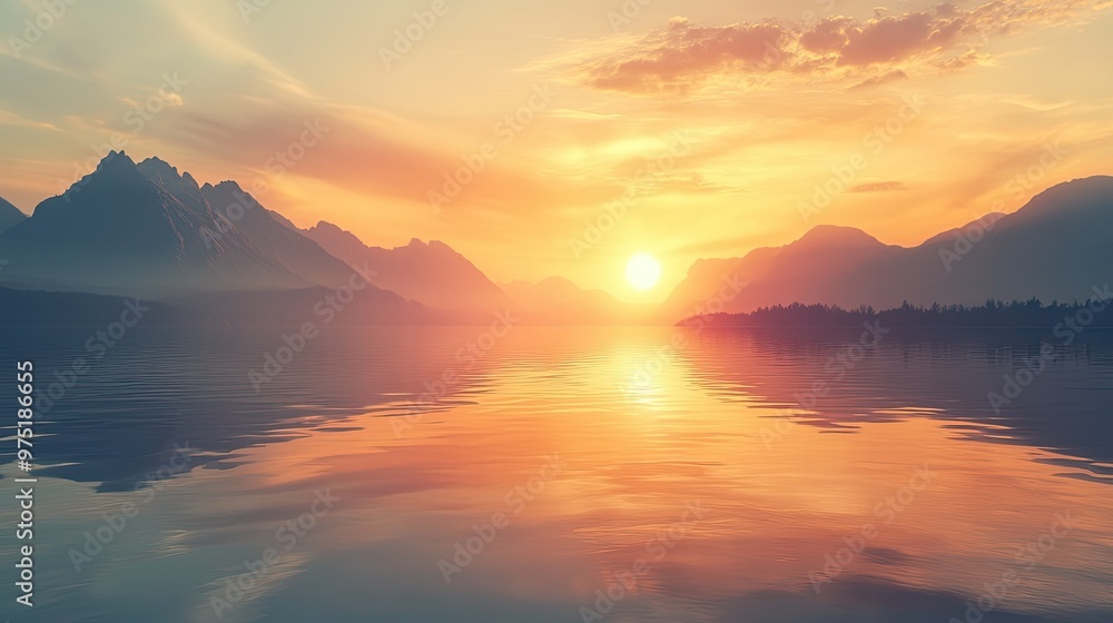 Fototapeta premium Sunset over a tranquil lake with mountains in the background warm colors and soft reflections