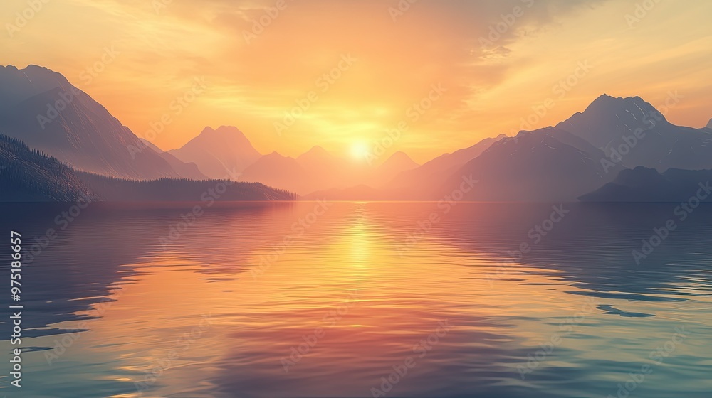 Sunset over a tranquil lake with mountains in the background warm colors and soft reflections Sunset over a tranquil lake with mountains in the background warm colors and soft reflections