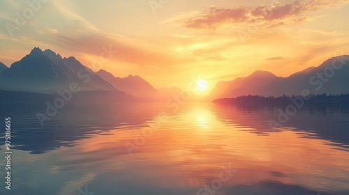 Sunset over a tranquil lake with mountains in the background warm colors and soft reflections