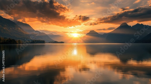 Wallpaper Mural Sunset over a tranquil lake with mountains in the background  warm colors and soft reflections Torontodigital.ca