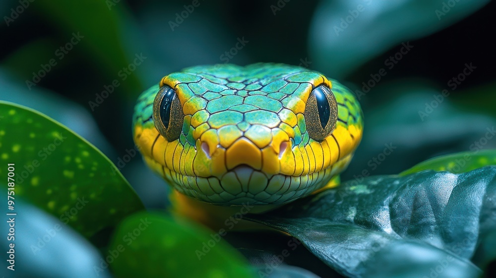 Close-up of a vibrant green and yellow snake among leaves. Close-up of a vibrant green and yellow snake among leaves.