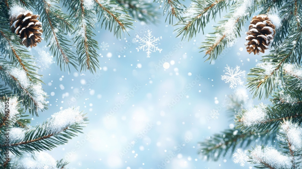 Festive winter holiday card design featuring pine branches and delicate snowflakes Festive winter holiday card design featuring pine branches and delicate snowflakes