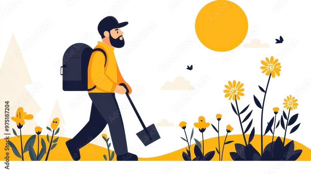 Man with Backpack Walking in Sunny Landscape with Flowers and Shovel Man with Backpack Walking in Sunny Landscape with Flowers and Shovel