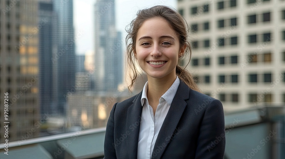 Young professional woman in a suit smiling confidently at the camera cityscape in the background Young professional woman in a suit smiling confidently at the camera cityscape in the background