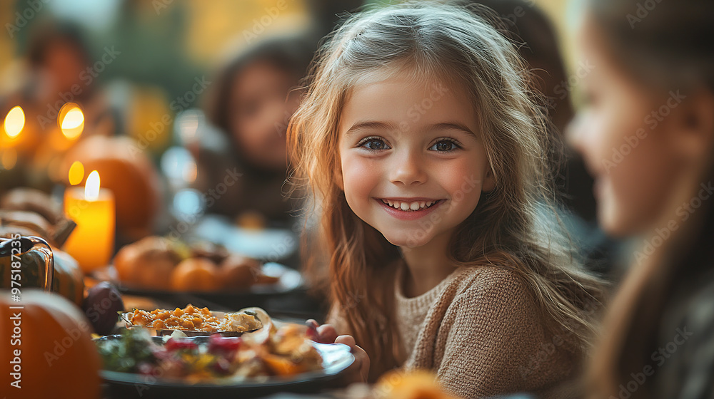 Fototapeta premium A happy little girl was sitting at the dinner table with her family