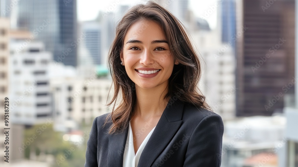 Young professional woman in a suit smiling confidently at the camera cityscape in the background Young professional woman in a suit smiling confidently at the camera cityscape in the background
