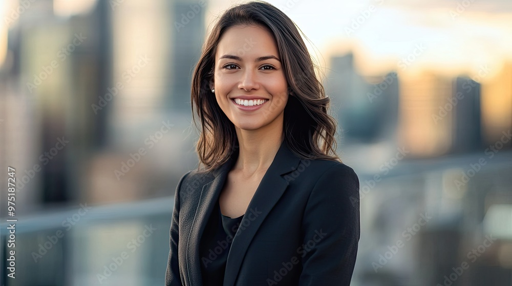 Young professional woman in a suit smiling confidently at the camera cityscape in the background Young professional woman in a suit smiling confidently at the camera cityscape in the background