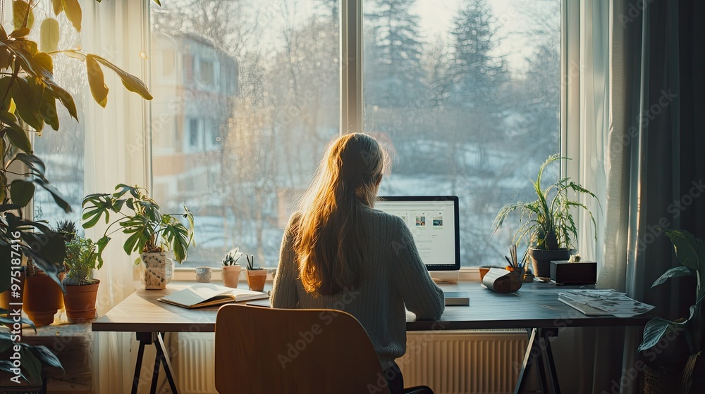 Young woman working remotely from a stylish cozy home office Young woman working remotely from a stylish cozy home office