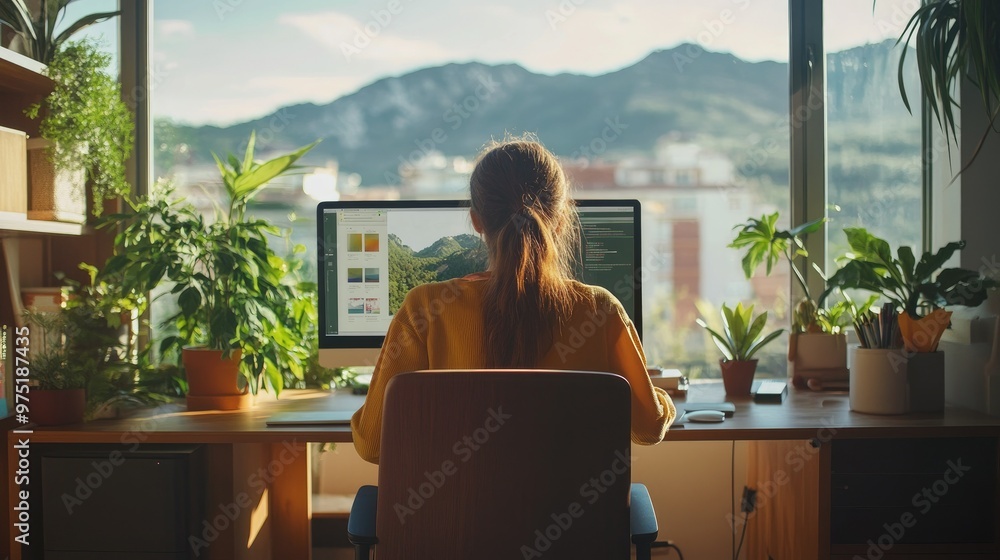 Young woman working remotely from a stylish cozy home office Young woman working remotely from a stylish cozy home office