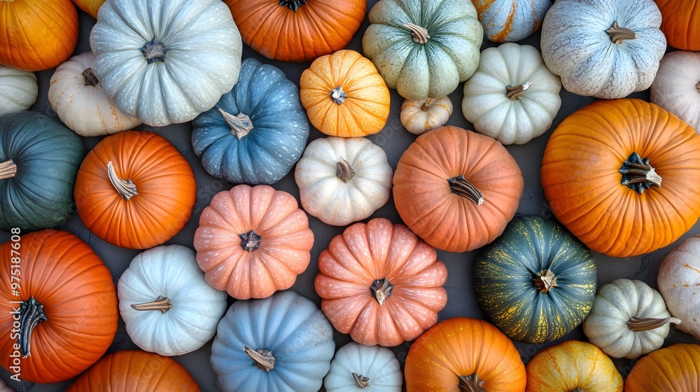 An array of various pumpkins of different sizes and colors arranged on a flat surface, Generative AI 