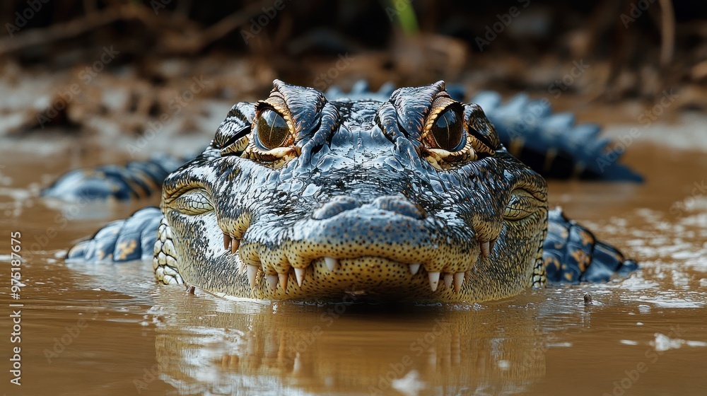 A close-up of a crocodile emerging from muddy water. A close-up of a crocodile emerging from muddy water.
