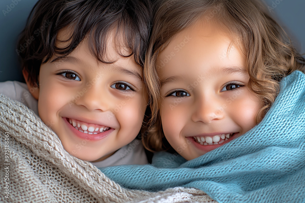 two happy preschool kids are smiling in the camera with a blanket around them two happy preschool kids are smiling in the camera with a blanket around them