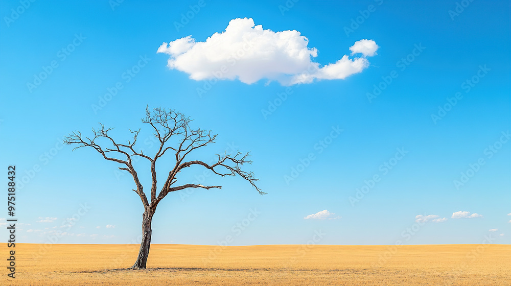 A lone, dead tree stands in the vast savannah under a clear blue sky with just one cloud A lone, dead tree stands in the vast savannah under a clear blue sky with just one cloud