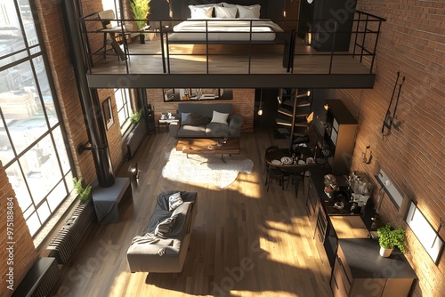 
A top-down 3D view of a chic, open-concept loft apartment. The living room, dining area, and kitchen are all in one large space, with an industrial-style design featuring exposed brick walls and stee photo