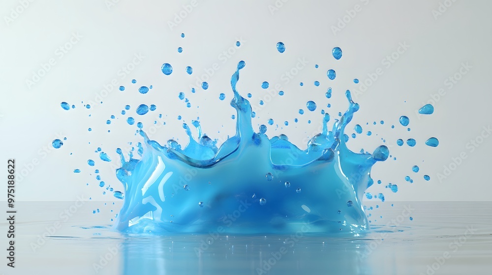 73. **A 3D model of a water splash with a gradient from blue to aqua, with lively droplets, set against a pristine white background 73. **A 3D model of a water splash with a gradient from blue to aqua, with lively droplets, set against a pristine white background