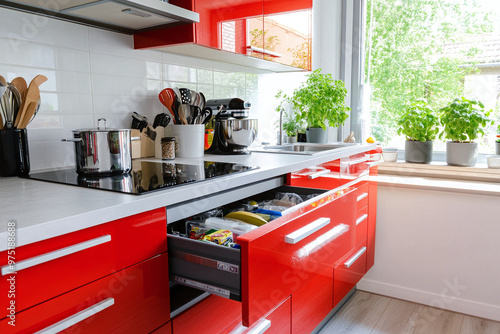 a modern kitchen with an untidy junk drawer open and stuff all in it