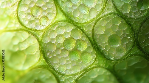 Close-up of green leaf cells with visible texture and water droplets creating a vibrant natural pattern. Perfect for nature and biology themes.