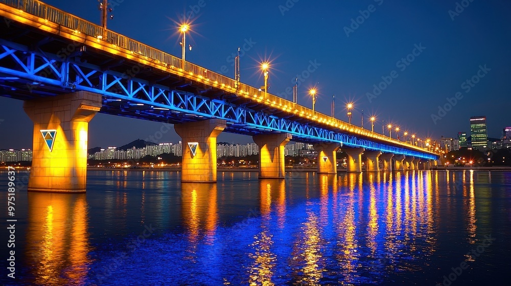 Illuminated Bridge Reflecting in Water at Night Illuminated Bridge Reflecting in Water at Night