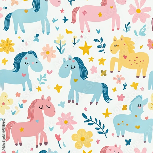 Colorful Unicorns and Flowers Pattern for Children's Decor