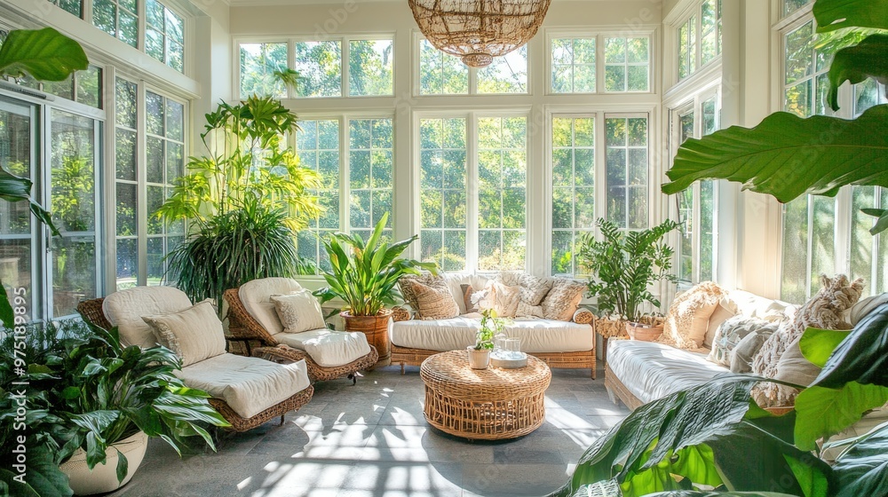 Fototapeta premium Bright and airy sunroom with comfortable seating 