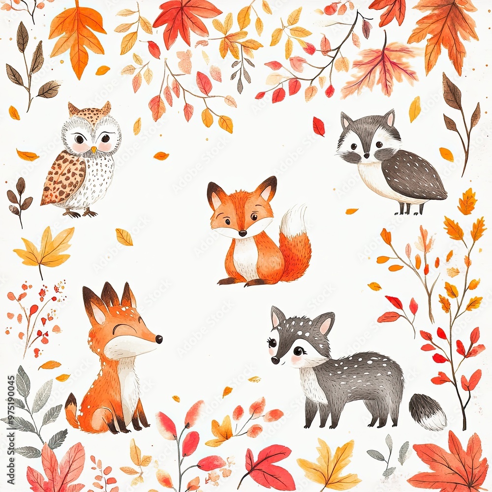 Fototapeta premium Cute Woodland Animals in Autumn Leaves Illustration