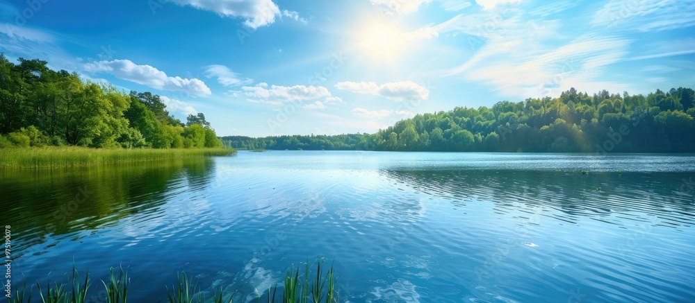 Fototapeta premium Landscape Of Lake During Day With Blue Sky Background
