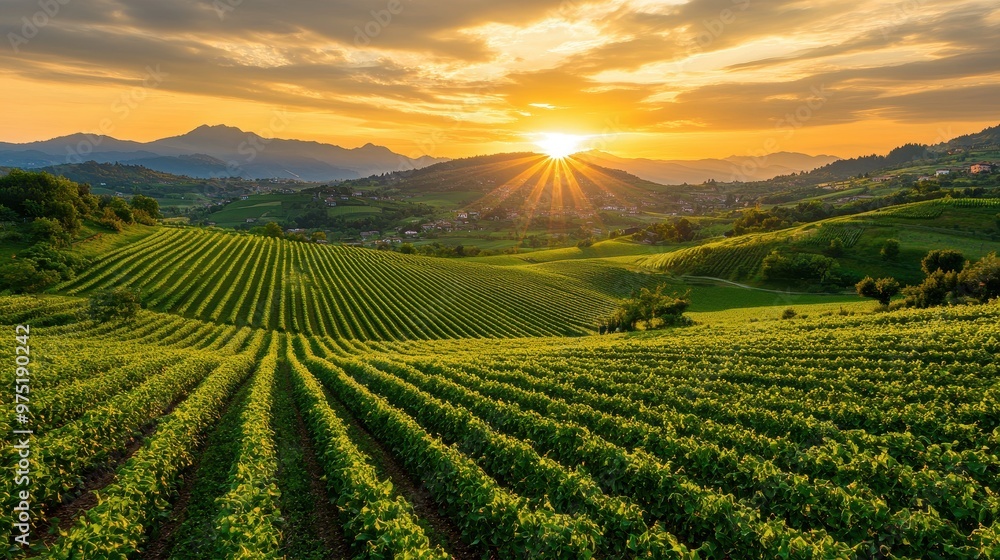 Sunset Over Vineyards in Rolling Hills Sunset Over Vineyards in Rolling Hills