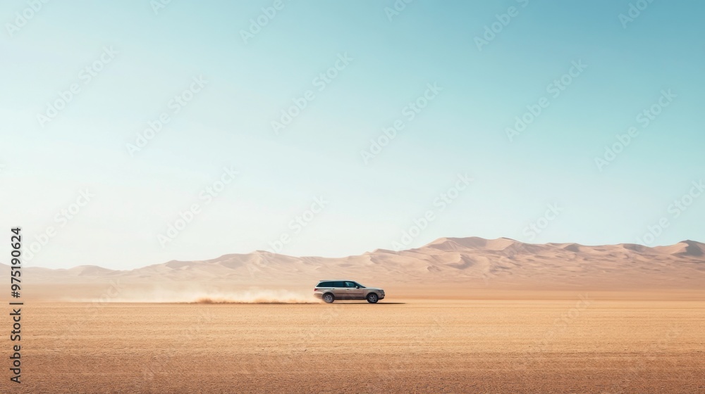 A silver SUV drives across a vast, sandy desert landscape under a clear blue sky. A silver SUV drives across a vast, sandy desert landscape under a clear blue sky.