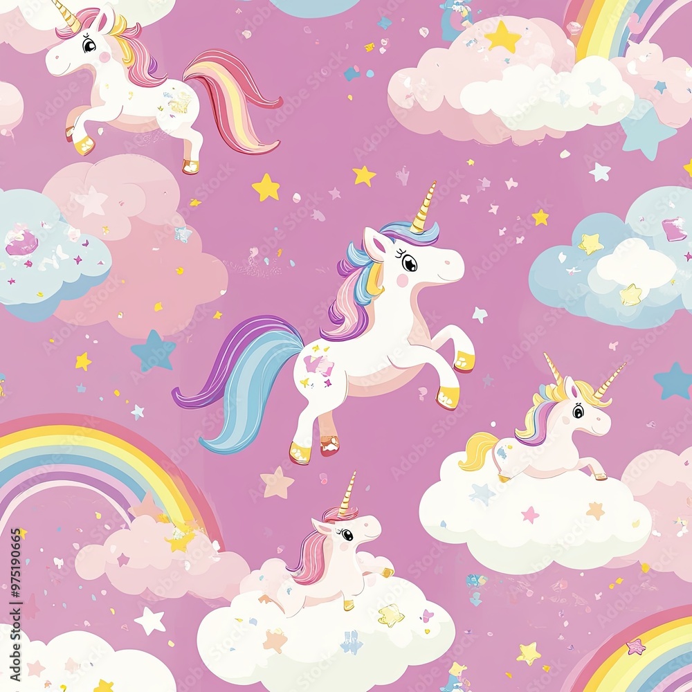 Whimsical Unicorn Pattern with Rainbows and Clouds Whimsical Unicorn Pattern with Rainbows and Clouds