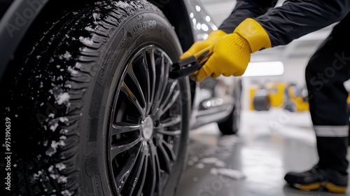 Close Up of a Mechanic s Hands Working on a Car Tire