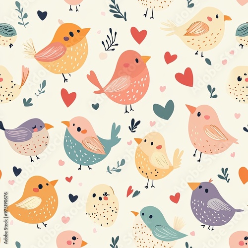 Cute Colorful Bird Pattern with Hearts for Creative Designs