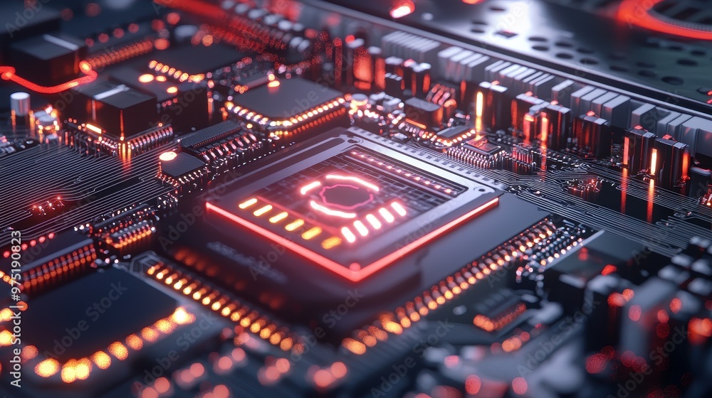 Closeup of a Computer Motherboard with Red LEDs Closeup of a Computer Motherboard with Red LEDs