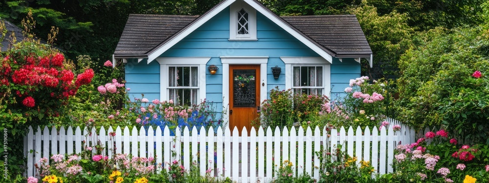 Fototapeta premium Charming cottage surrounded by a blooming garden with a white picket fence 