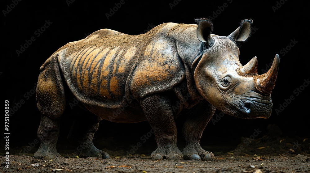 Fototapeta premium A realistic depiction of a rhinoceros in a dark environment.
