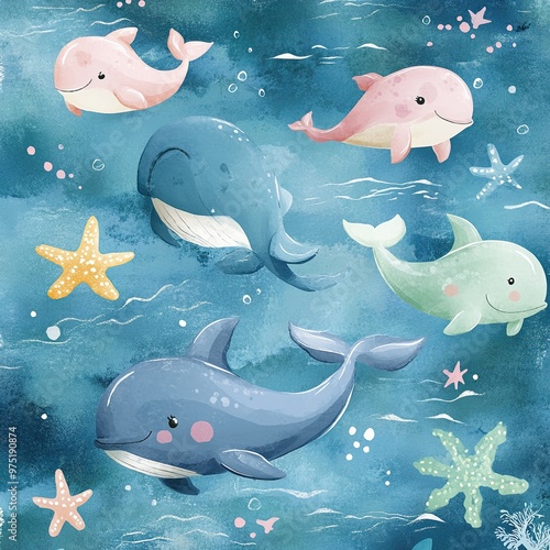 Whimsical Underwater Scene with Cute Whales and Dolphins photo