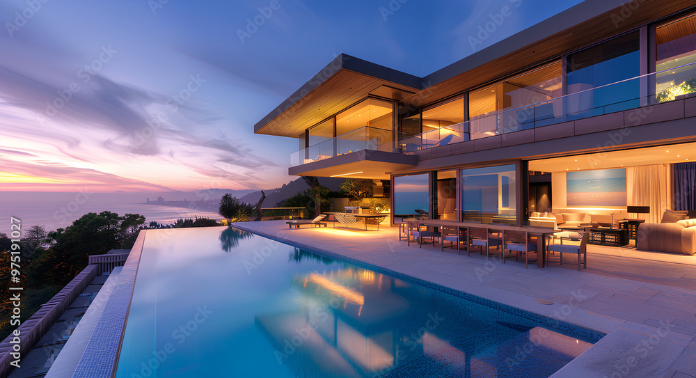 Luxurious modern mansion with panoramic view of the ocean at twilight, featuring an infinity pool and terrace overlooking cliffside, interior living space with glass walls and open spaces Luxurious modern mansion with panoramic view of the ocean at twilight, featuring an infinity pool and terrace overlooking cliffside, interior living space with glass walls and open spaces