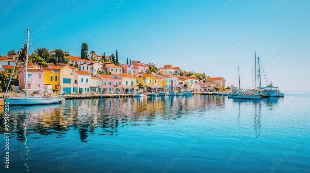 Obraz premium Charming seaside town with colorful houses boats in the harbor