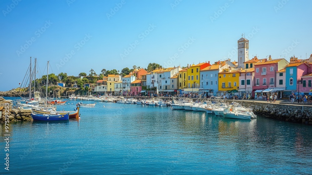 Fototapeta premium Charming seaside town with colorful houses boats in the harbor