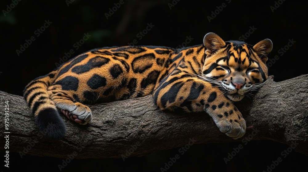 Obraz premium A relaxed leopard resting on a branch in a dark environment.