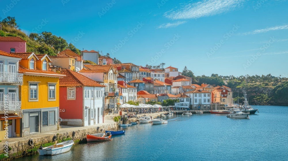 Charming seaside town with colorful houses boats in the harbor Charming seaside town with colorful houses boats in the harbor