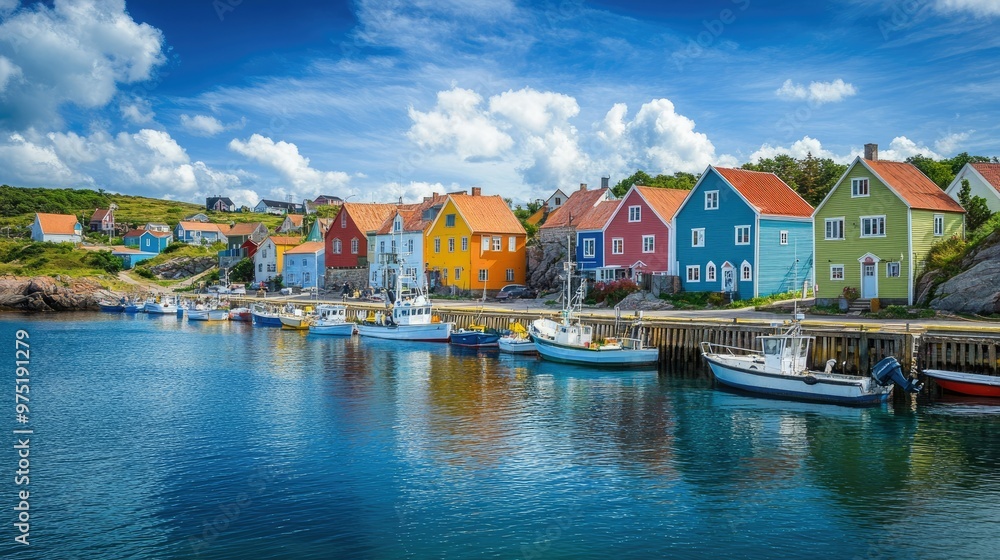 Obraz premium Charming seaside town with colorful houses boats in the harbor