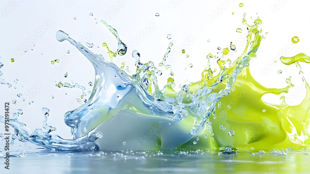 custom made wallpaper toronto digital44. **A vibrant 3D model of a water splash with neon green and blue colors, set against a clean white backdrop