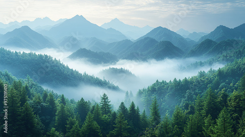 A wide shot of the valley from high up, with misty mountains in the background, green trees