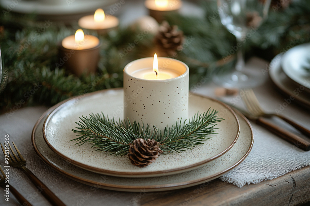 A cozy winter celebration featuring eco-friendly plates and tableware. Christmas dinner table A cozy winter celebration featuring eco-friendly plates and tableware. Christmas dinner table